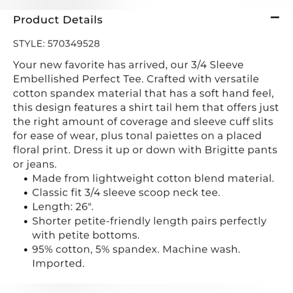 Chico's Size Large Cotton Kasbah Pink Floral Embellished Perfect Tee 3/4 Sleeve - Picture 9 of 9